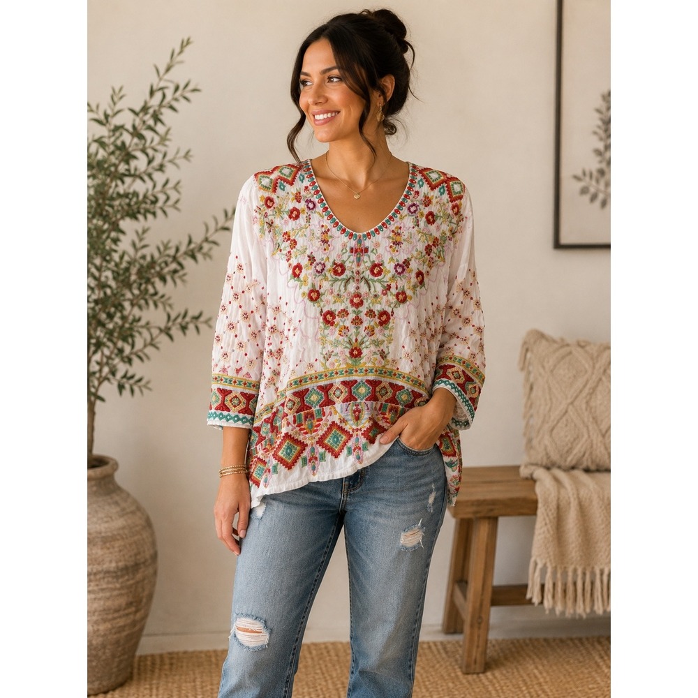 Johnny Was White Embroidered Floral V-Neck Tunic Blouse C16219-3 Womens XS